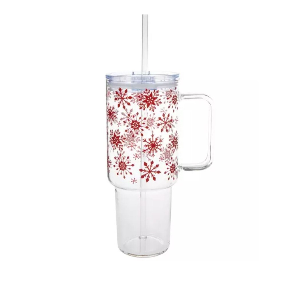 New Red Snowflake Clear Glass 40oz Tumbler Handle Lid Straw